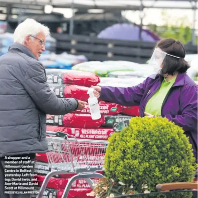  ?? PRESSEYE/ALLAN PRESTON ?? A shopper and a member of staff at Hillmount Garden Centre in Belfast yesterday. Left from top: David Irwin, and Ann-marie and David Scott at Hillmount