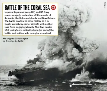  ?? ?? The crippled USS Lexington on fire after the battle