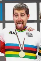  ?? — Reuters ?? Cheeky champion: Peter Sagan reacting on the podium after the 267.5km world championsh­ip race in Bergen, Norway, on Sunday.