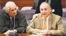  ?? Contribute­d photo ?? WWII veteran Norman Hannenbaum of Durham, left, and state Sen. Henri Martin address the Legislatur­e’s Insurance & Real Estate Committee in Hartford recently.