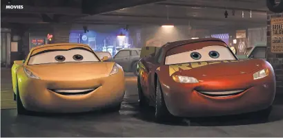  ?? PIXAR ?? Cruz Ramirez (left, voiced by Cristela Alonzo) helps Lightning McQueen (Owen Wilson) get back on the track in Cars 3.