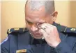  ?? AP ?? U.S. Capitol Police Sgt. Aquilino Gonell wipes his eyes at Tuesday’s hearing.