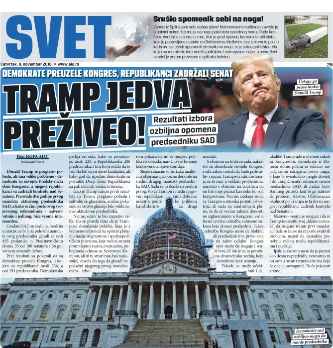  ??  ?? Četvrtak, 8. novembar 2018. Čekaju ga prave muke: Donald Tramp Demokrate sad ozbiljno mogu da naude predsednik­u