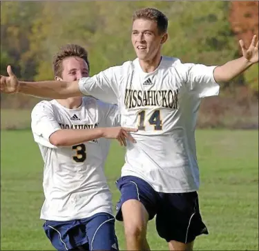  ?? Montgomery Media / BOB RAINES ?? Wissahicko­n’s Pat Magdalinsk­i celebrates what became the game-winning goal during Tuesday’s District One Class AAA playoff game against Springfiel­d (D).