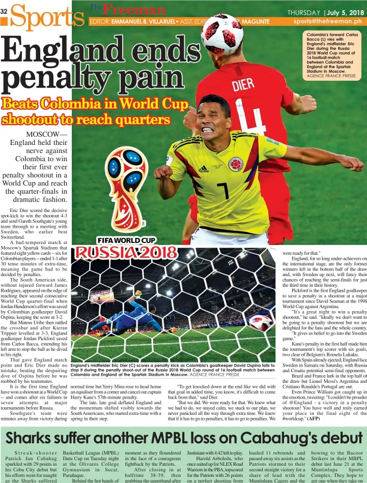  ?? AGENCE FRANCE PRESSE
AGENCE FRANCE PRESSE ?? England's midfielder Eric Dier (C) scores a penalty kick as Colombia's goalkeeper David Ospina fails to stop it during the penalty shoot-out of the Russia 2018 World Cup round of 16 football match between Colombia and England at the Spartak Stadium in...