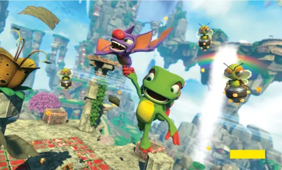  ??  ?? ABOVE Laylee can’t carry Yooka too far, though gliding down from higher platforms is essential – the damage you’ll take is proportion­al to the distance of your fall.LEFT No 3D platformer is complete without an ice slide, and Yooka-Laylee isn’t bucking tradition