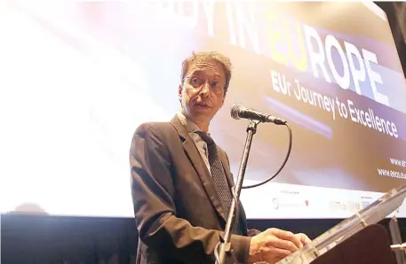  ??  ?? THOMAS Wiersing, Charge d’Affaires of the European Union Delegation to the Philippine­s addresses guests, scholars and representa­tives of European embassies during the opening of the European Higher EDucation Fair 2019.