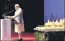  ?? PTI PHOTO ?? Prime Minister Narendra Modi addresses the Indian diaspora at Dubai Opera, where he launched a project to construct the first Hindu temple in Abu Dhabi on Saturday.