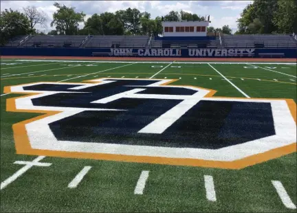  ?? MARK PODOLSKI — THE NEWS-HERALD ?? The field at Don Shula Stadium recently had its field replaced and its new logo added at midfield.