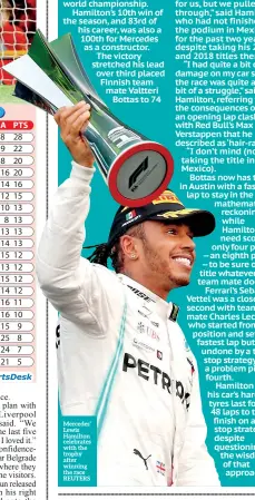  ??  ?? Mercedes’ Lewis Hamilton celebrates with the trophy after winning the race REUTERS