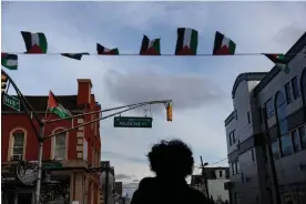  ?? Shannon Stapleton/Reuters ?? Palestinia­n flags wave in the wind along Palestine Way in Paterson, New Jersey. Photograph: