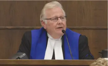  ??  ?? Judge Brian Hendrickso­n speaks at the Bar Admission Ceremony at the Court of Queen’s Bench in Moose Jaw. Matthew Gourlie photograph
