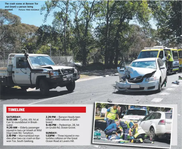  ?? Picture: MIKE DUGDALE ?? The crash scene at Barwon Tce and (inset) a person being treated.