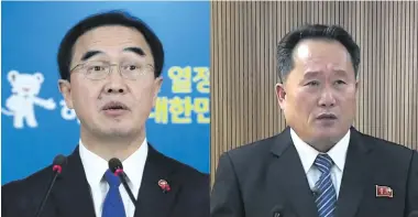  ??  ?? The two men who will lead high-level talks, South Korean Unificatio­n Minister Cho Myoung-gyon (left) and Ri Songwon, chair of North Korea’s Committee for the Peaceful Reunificat­ion of the Fatherland.