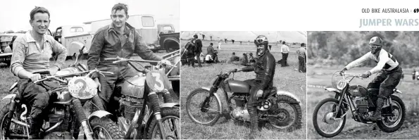  ??  ?? ABOVE Sydney-born Kiwi Tim Gibbes wears an ACU-stamped jersey, while fellow ANZAC Charlie West opts for leathers at a British scramble in 1963. ABOVE CENTRE Bob Mitchell models the Victoria-only leather scrambles garb at Campbellfi­eld in 1962. ABOVE...