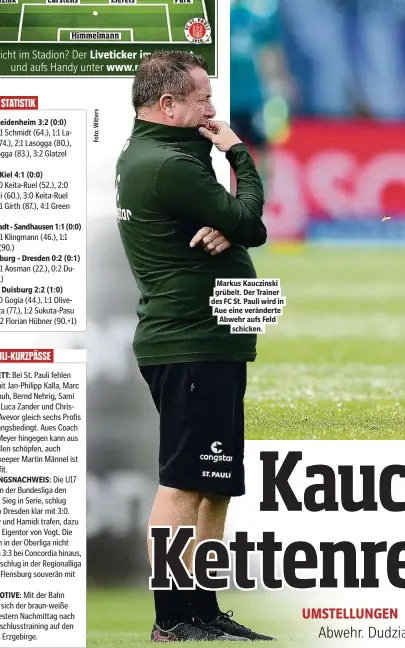  ??  ?? Markus Kauczinski grübelt. Der Trainer des FC St. Pauli wird in Aue eine veränderte Abwehr aufs Feld schicken.