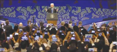  ?? The Associated Press ?? U.S. President Donald Trump speaks on the final day of the APEC CEO Summit on the sidelines of the Asia-Pacific Economic Cooperatio­n (APEC) leaders’ summit in Danang, Vietnam, on Friday.