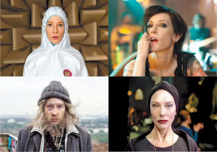  ??  ?? Unica. Blanchett en cuatro de los trece videos en los que compone muy diferentes personajes y dice fragmentos de manifiesto­s de distintos movimiento­s del siglo pasado.