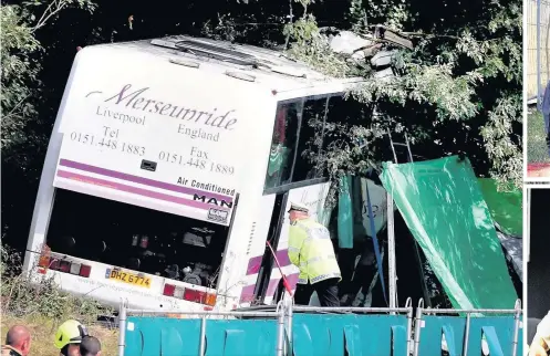  ?? The coach crash in 2012 in which three people died, including Edge Hill student Kerry Ogden, top right, and musician Michael Molloy, bottom right ??