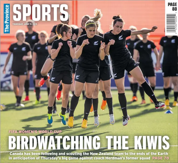  ?? — GETTY IMAGES ?? It looks like Kiwis can fly after all as leaping New Zealand players work on a drill Wednesday in preparatio­n for tonight’s game against Canada in Edmonton.