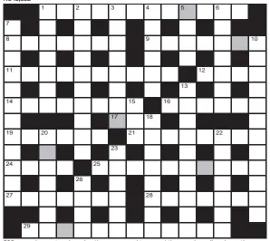  ??  ?? FOR your chance to win, solve the crossword to reveal the word reading down the shaded boxes. HOW TO ENTER: Call 0901 293 6233 and leave today’s answer and your details, or TEXT 65700 with the word CRYPTIC, your answer and your name. Texts and calls cost £1 plus standard network charges. Or enter by post by sending completed crossword to Daily Mail Prize Crossword 16,552, PO Box 28, Colchester, Essex CO2 8GF. Please include your name and address. One weekly winner chosen from all correct daily entries received between 00.01 Monday and 23.59 Friday. Postal entries must be date-stamped no later than the following day to qualify. Calls/texts must be received by 23.59; answers change at 00.01. UK residents aged 18+, exc NI. Terms apply, see Page 68.