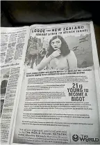  ?? PHOTO: TWITTER ?? The advertisem­ent in a United States newspaper targets artist Lorde and New Zealand.