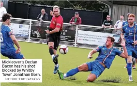  ?? PICTURE: ERIC GREGORY ?? Mickleover’s Declan Bacon has his shot blocked by Whitby Town’ Jonathan Born.