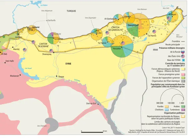  ??  ?? Carto no 44, 2017 © Areion/Capri Sources : Institute for the Study of War, 10 octobre 2017 ; Rédaction de Carto, 2017 ; Nelly Martin, 2017 ; Enquêtes de terrain de Cyril Roussel et Aimad Hesso, 2017 et 2014