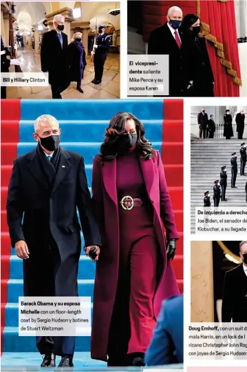  ??  ?? Bill y Hillary Clinton
Ba ack Obama y su esposa M helle con un floor-length coatby ergio Hudson y botines
Stuart Weitzman
El vicepr idente saliente Mike Pence y su esposa Karen
Doug mala Harris, ricano Christophe­r con joyas de