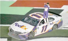  ??  ?? Denny Hamlin, driver of the #11 FedEx Express Toyota, celebrates after winning the Monster Energy Nascar Cup Series 61st Annual Daytona 500 at Daytona Internatio­nal Speedway in Daytona Beach. — AFP photo