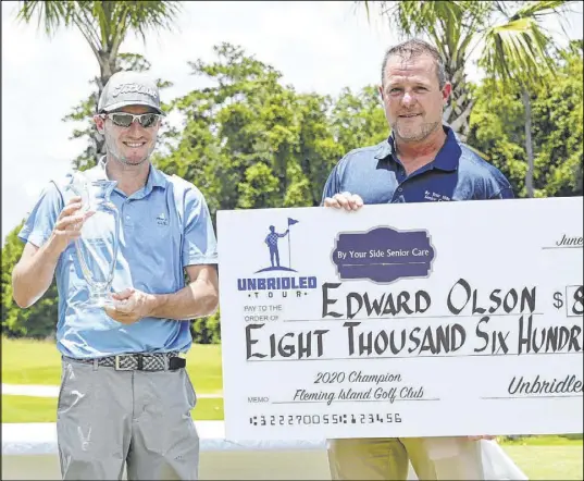  ?? BdG Sports ?? Former UNLV golfer Eddie Olson, left, shot a course-record 11-under 60 Thursday at Fleming Island Golf Club in Jacksonvil­le, Fla., to win an Unbridled Tour event and $8,650. It is the second time in Olson’s career that he just missed carding the coveted 59.