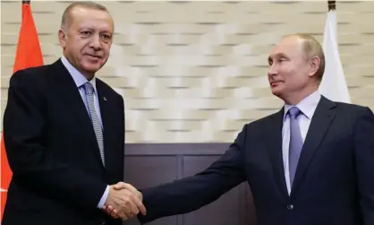  ??  ?? Turkey’s President Recep Tayyip Erdoğan and Russia’s President Vladimir Putin agreed the deal after meeting in Sochi. Photograph: Mikhail Metzel/TASS