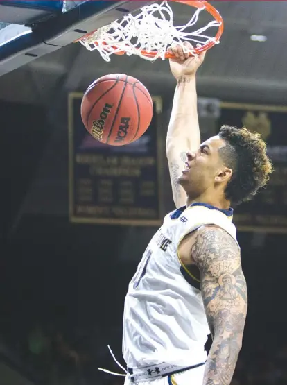  ?? | AP ?? With the loss of some key talent, Notre Dame forward Zach Auguste has seen a drop in his performanc­e this season.