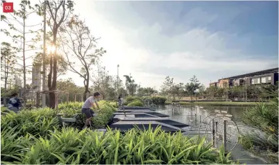  ??  ?? 03 03
At Chulalongk­orn University Centenary Park, visitors can peddle on stationary water bikes, exercising and keeping the water in the ponds aerated at the same time. Photo: Panoramic Studios and Landproces­s