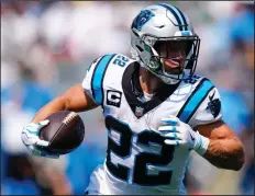  ?? (AP /Jacob Kupferman) ?? Running back Christian McCaffrey won’t play for Carolina on Sunday because of a strained hamstring, which means the Panthers must find other ways to score against the NFL’s top-rated defense.