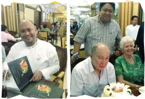  ??  ?? CELEBRATIO­N AT PINO. Chef Tatung Sarthou during the launch of his book "Phil. Cookery: From Heart to Platter"; right photo shows birthday boy Jaime Picornell with sister Pilar Escaño and Joel del Prado.