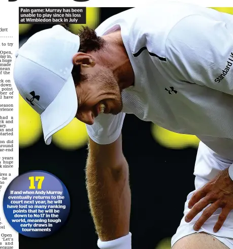  ??  ?? Pain game: Murray has been unable to play since his loss at Wimbledon back in July