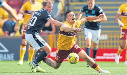  ??  ?? Well’s Tony Watt goes down after a challenge by Paul Mcgowan