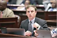  ?? AP Photo/Danny Johnston ?? Rep. Matthew J. Shepherd, R-El Dorado, watches the vote total on his bill dealing with state income tax applicable to capital gains in the House chamber at the State Capitol on March 25, 2015, in Little Rock. The bill passed.