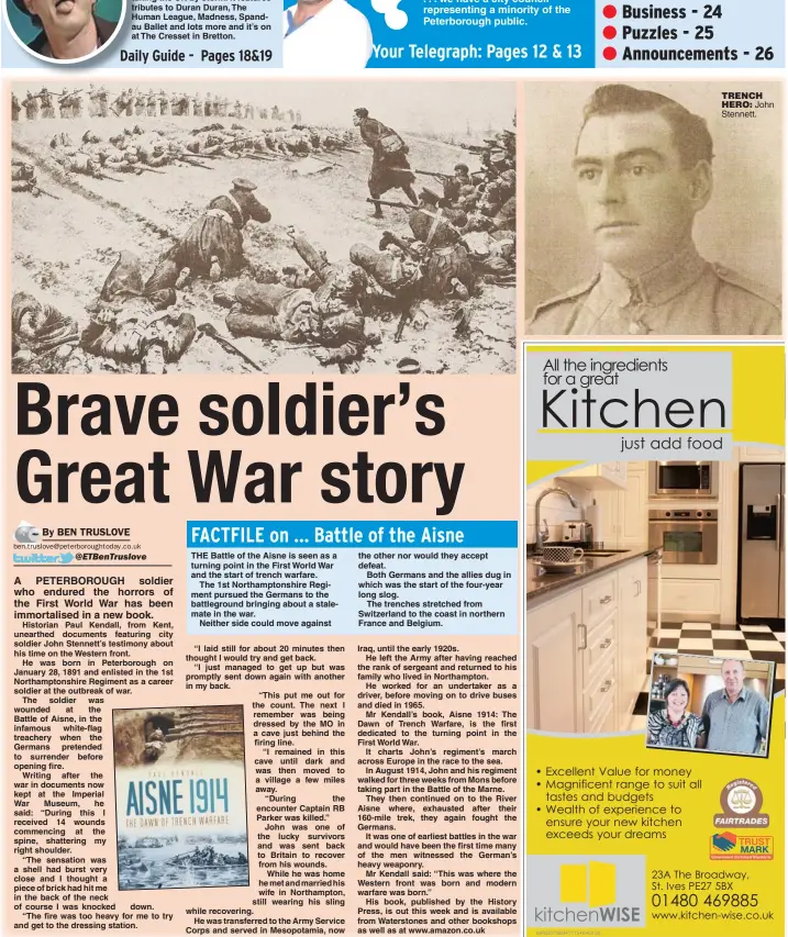  ??  ?? Historian Paul Kendall, from Kent, unearthed documents featuring city soldier John Stennett’s testimony about his time on the Western front.
He was born in Peterborou­gh on January 28, 1891 and enlisted in the 1st Northampto­nshire Regiment as a career...