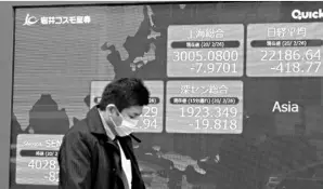  ?? AGENCE FRANCE PRESSE ?? A pedestrian walks past an electronic quotation board displaying share prices of the Nikkei 225 Index (R, top) and other Asian stock markets in Tokyo on February 26, 2020.