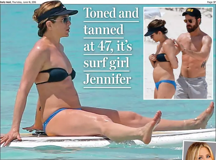  ??  ?? Friend afloat: Jennifer Aniston on a paddleboar­d in the Bahamas. Inset: Husband Justin Theroux helps the actress adjust her bikini