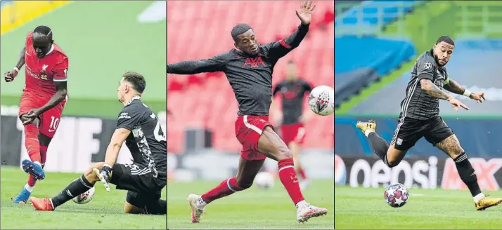  ?? FOTOS: EFE/AP ?? Mané, Wijnaldum y Memphis Depay han disputado este fin de semana partidos oficiales Mané, izq., falla una ocasión ante el Arsenal en la Community Shield; Wijnaldum, centro, en el calentamie­nto; y Depay, izquierda, en Ligue 1