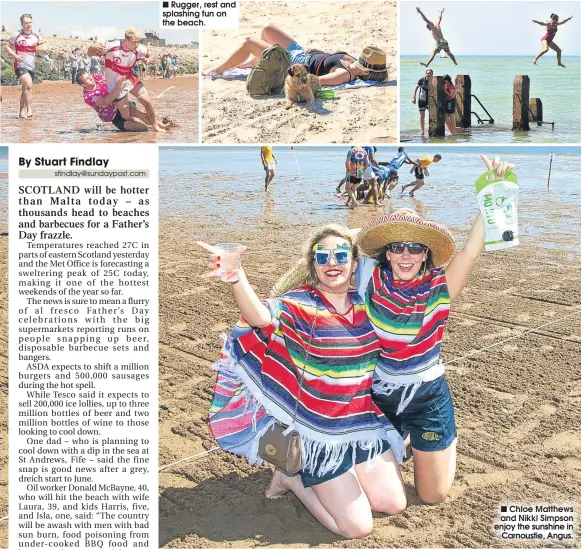  ??  ?? ■ Rugger, rest and splashing fun on the beach.
Chloe Matthews and Nikki Simpson enjoy the sunshine in
Carnoustie, Angus.
■