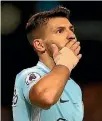  ??  ?? Sergio Aguero grabbed four goals in Manchester City’s 5-1 win over Leicester City.