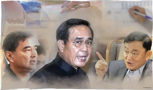  ?? POSTgraphi­c ?? Democrat party leader Abhisit Vejjajiva, Prime Minister Prayut Chan-o-cha and ousted premier Thaksin Shinawatra are likely to lead the three parties contesting for power in the next general election, whether in the forefront or from behind the scenes...