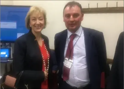  ??  ?? John Comer, ICMSA President, with Andrea Leadsom, Secretary of State for Environmen­t, Food &amp; Rural Affairs, in the Houses of Commons last Tuesday.