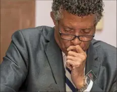  ?? Steph Chambers/Post-Gazette ?? Tim Stevens, chairman and CEO of the Black Political Empowermen­t Project, pauses during a news conference May 29 regarding the death of George Floyd at Freedom Unlimited Inc. in the Hill District.