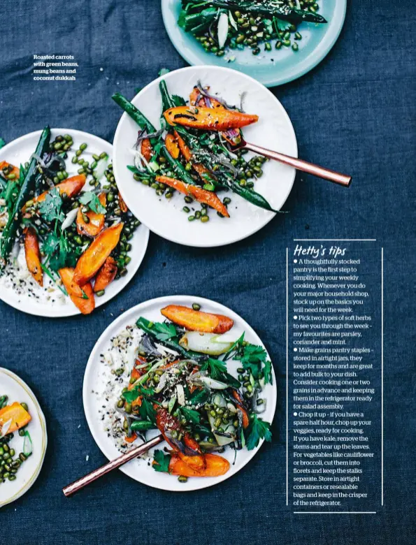  ??  ?? Roasted carrots with green beans, mung beans and coconut dukkah