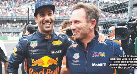  ?? ?? Daniel Ricciardo celebrates with Red Bull Racing team principal Christian Horner. Picture: Mark Thompson/getty